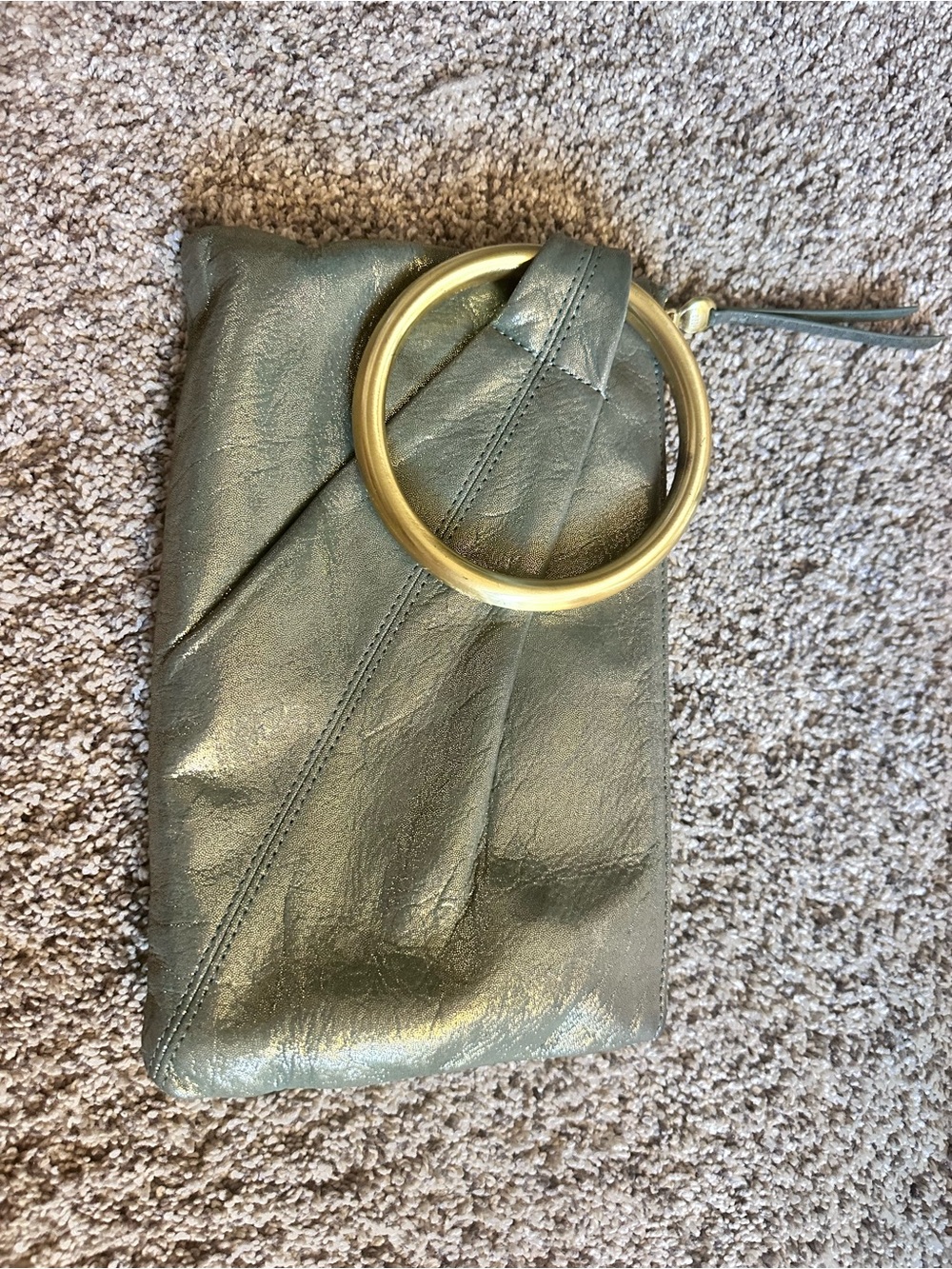 HOBO Metallic Olive Green Clutch with Gold Ring Handle